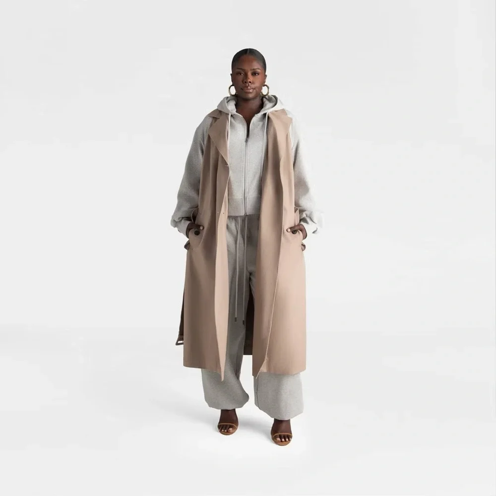 KBB by KAHLANA Women's 'The Sweatshirt Trench Coat' - Khaki/Heather Gray M New - Picture 5 of 5